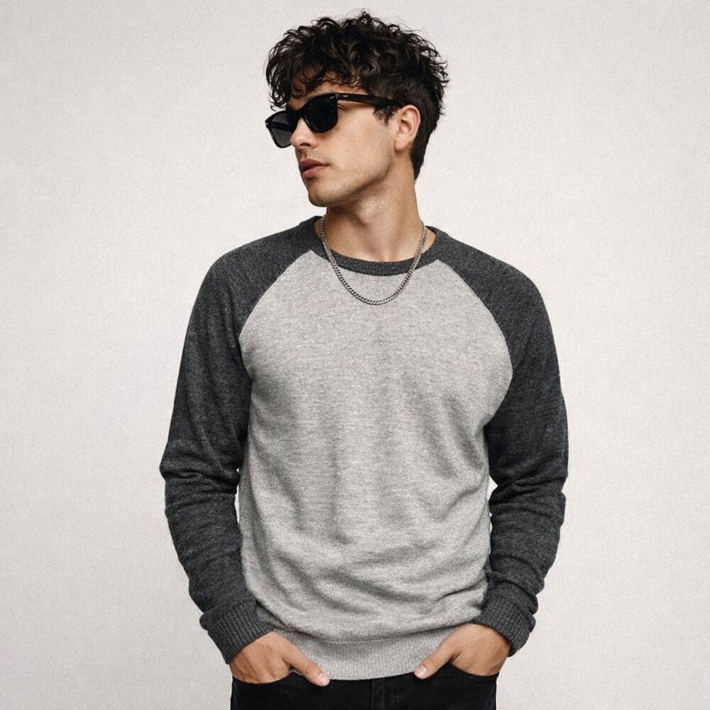 GAP Grey Colorblock -  Classic Raglan Sweater - 100% Cotton - Mens Large
